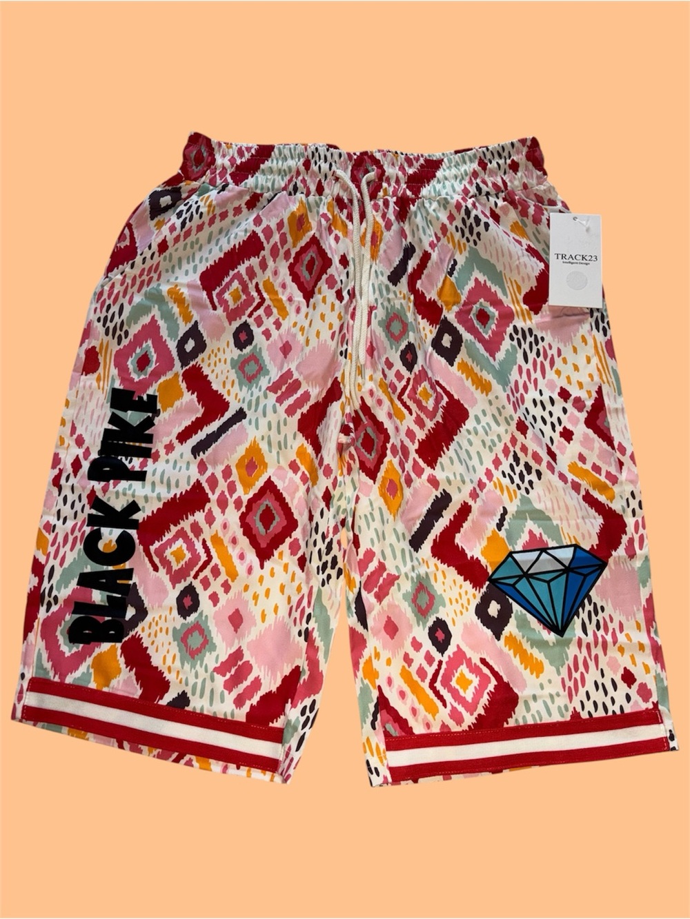 Track23 Colorful Graphic Patterned Diamond Board Shorts in Pink Red and Teal